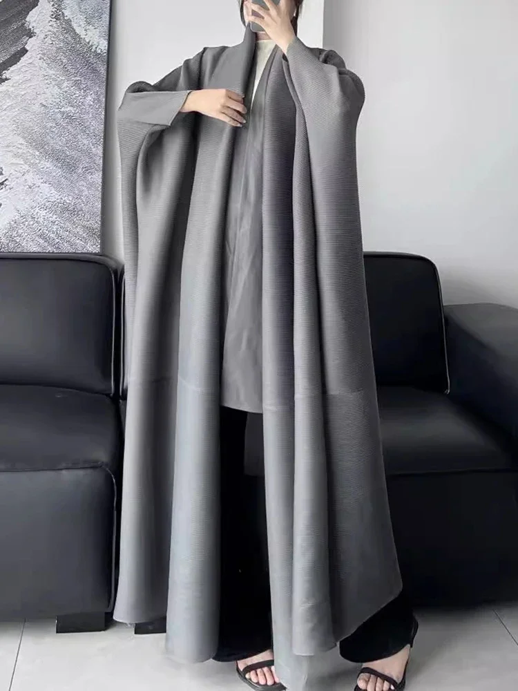 miyake Autumn Solid Color Pleated Windbreaker Women Loose Scraf Collar Long Sleeve Elastic Cardigan Coat Fashion 2024 New