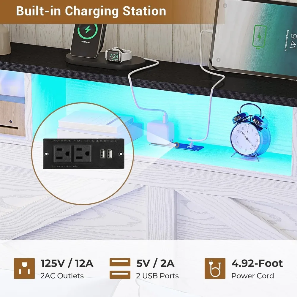 إطار سرير Hasuit بحجم كوين مع مسند تخزين، وإطار سرير مزرعة مع قاعدة شحن وإضاءة LED، ولوح رأسي مع مساحة تخزين