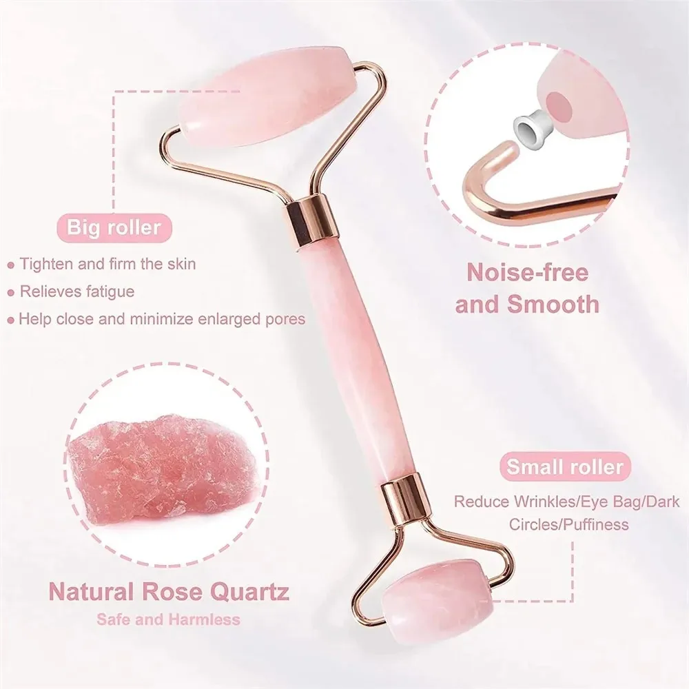 Rose Quartz Facial Roller & Gua Sha Set for Lymphatic Drainage, Natural Stone Skin Sculpting Massage Tool for