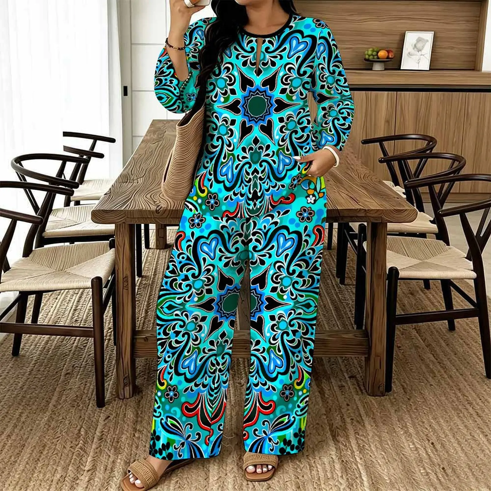 Women Spring/summer Print Two Piece Set Street Vacation Long Sleeves Fashion Retro Tops Everyday  Casual Long Pants