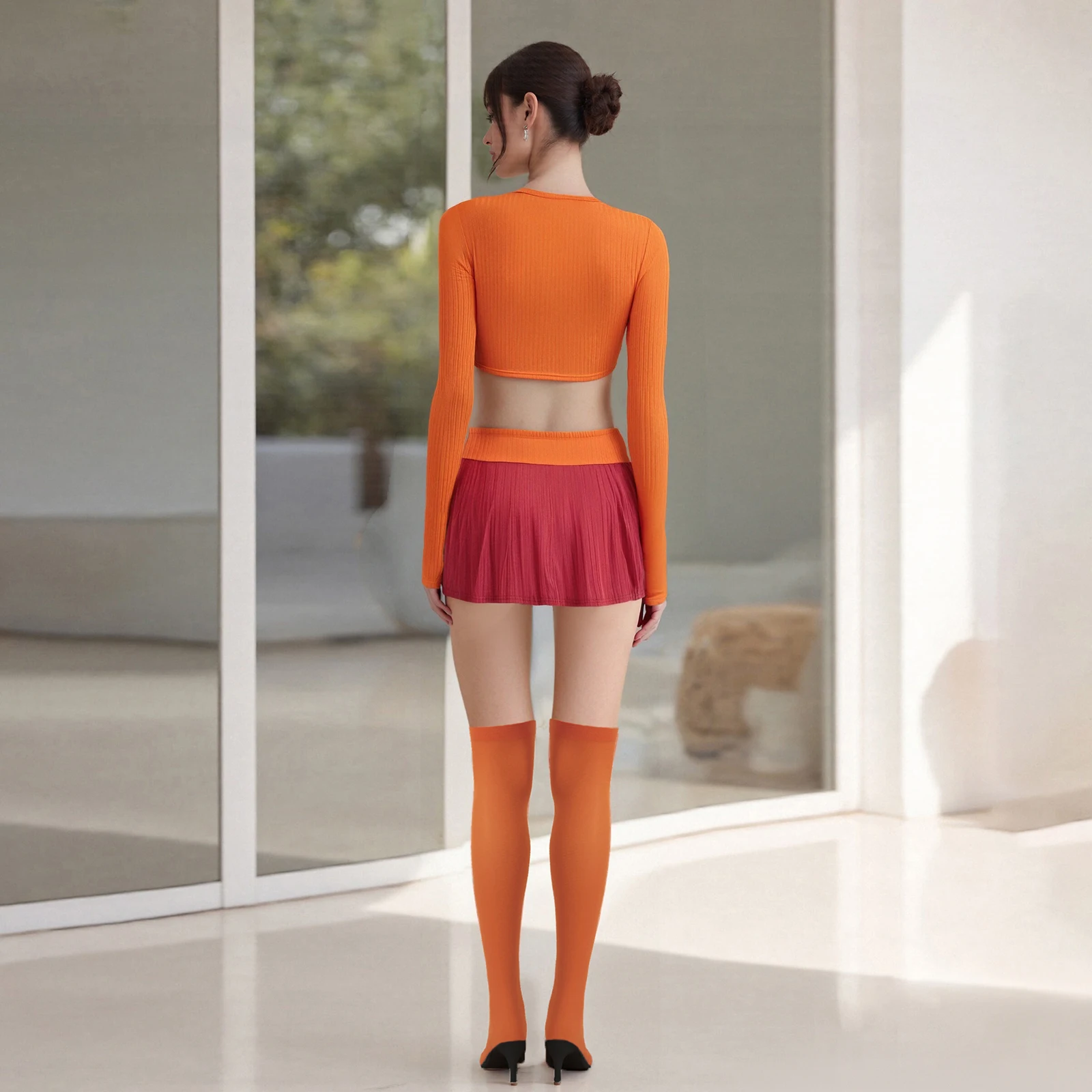 Women Halloween Long Sleeve V Neck Crop Top Mini Skirt with Stockings/Scarf Cosplay Velma and Daphne Costume Outfits