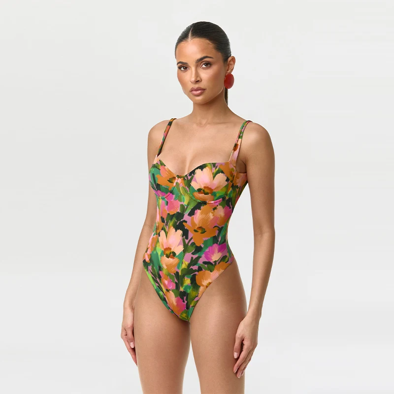 2026 New Women's Green Floral Two-piece Set Sweetheart Neckline Backless Corset With Cropped Pants Summer Beach Vacation Outfit - Image 4