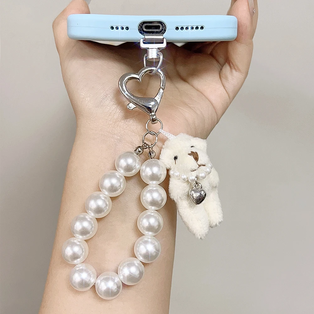 Fashion Pearl Keychain Charming Conjoined Teddy Bear Phone Chain Keychain Car Keys Women Handbag Phone Accessories Heart Keyring image 3