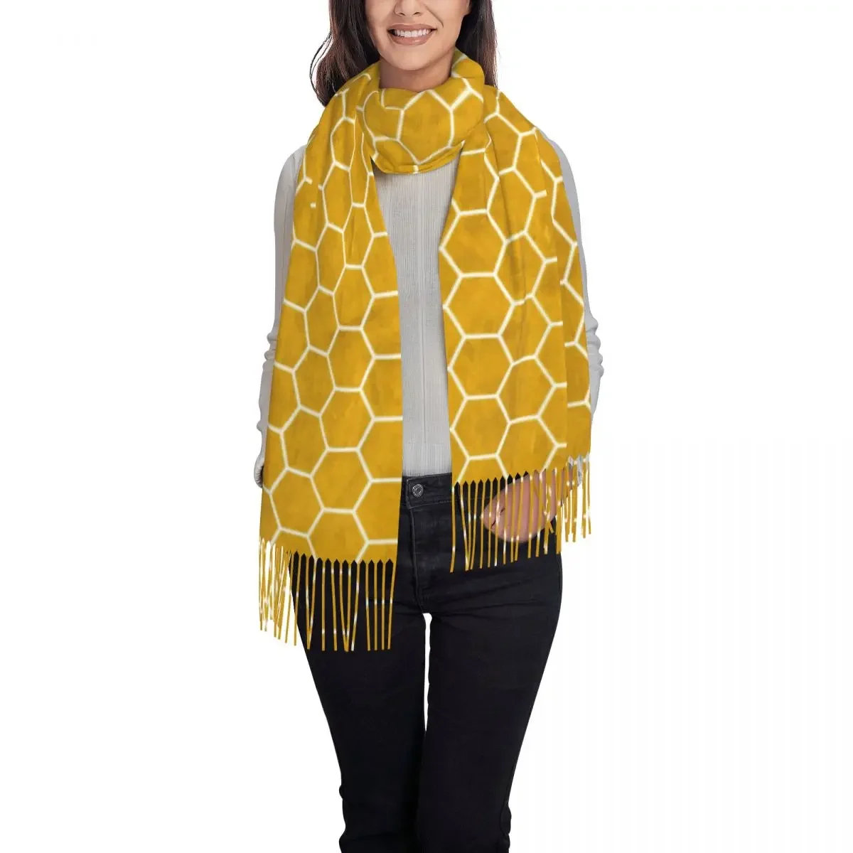 Geometry Print Scarf Womens Yellow Hexagon Large Scarves with Long Tassel Autumn Retro Shawl Wraps Outdoor Graphic Foulard