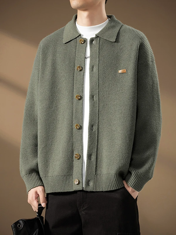 

Men's Knitted Open Cardigan Casual Loose Pure Color Warm Sweater Buttoned Jaet Flip Collar Knitwear for Autumn Winter