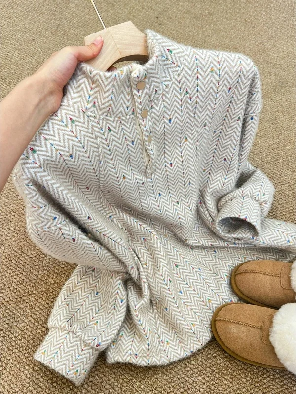 

Soft Color Beige Half High Collar Button Design Inner And Outer Wear Embroidered Scarf Sweatshirt for Women Spring Season