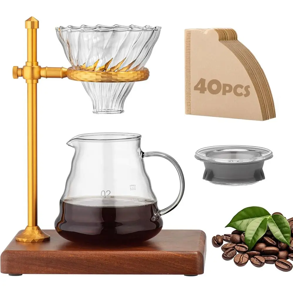 

Glass Drip Coffee Maker Set - Stainless Steel Stand, Wooden Base, 40 Filters, Portable Travel Coffee Dripper