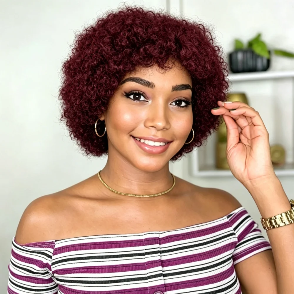 Short Afro Kinky Curly Wig, Full Machine Made Human Hair Wig, Natural Black Short Curly Wigs for Women, Soft Bouncy Afro Curly D