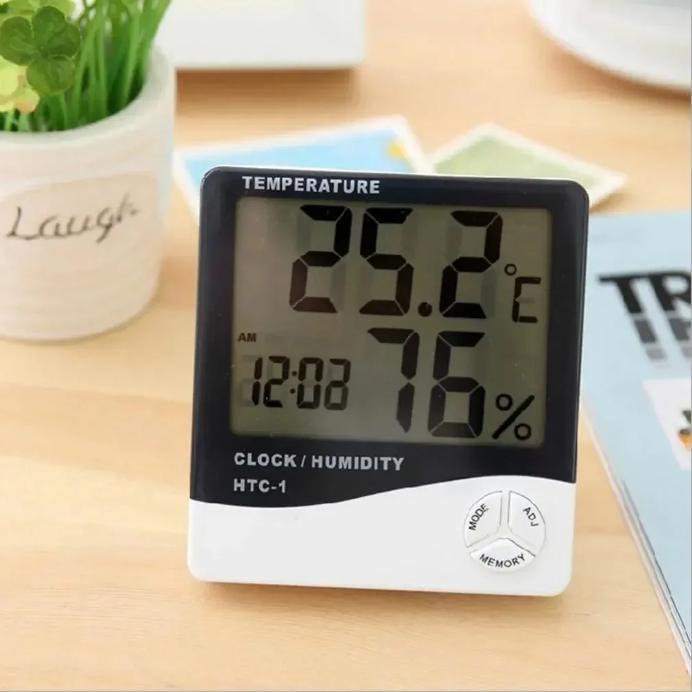 HTC-1 LCD Electronic Thermohygrometer, Weather Station With Clock Electronic Digital Temperature Humidity Meter Household