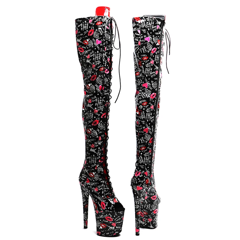 Leecabe 20CM/8inches Patent PU Love lip print Trend fashion Open toe High Heel platform stripper heel Pole Dance boots