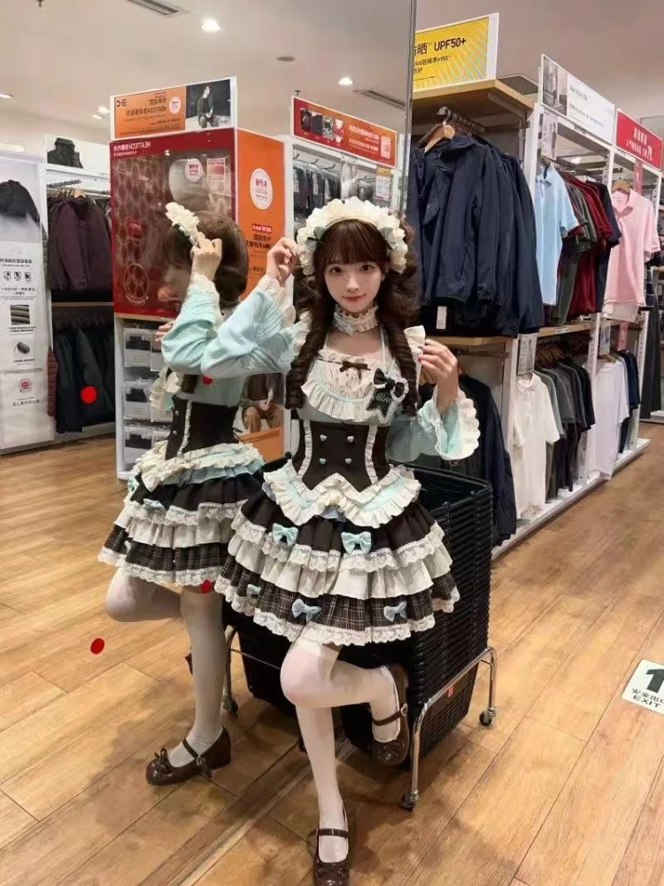 Dulce japonés encantador JK conjunto de 2 piezas mujeres lindo arco Tops + falda esponjosa costura Harajuku Hada Lolita trajes 2025 otoño 2025