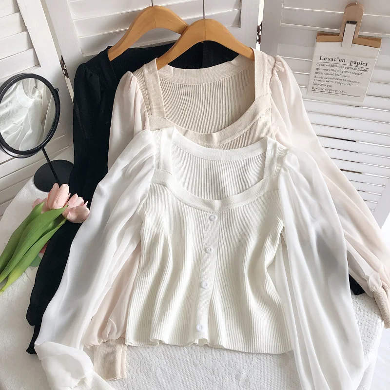 

Autumn Winter Women's Slim Fit Knitted Shirt Square Collar Chiffon Bubble Sleeve Patchwork Design Commute Style Korean Fashion