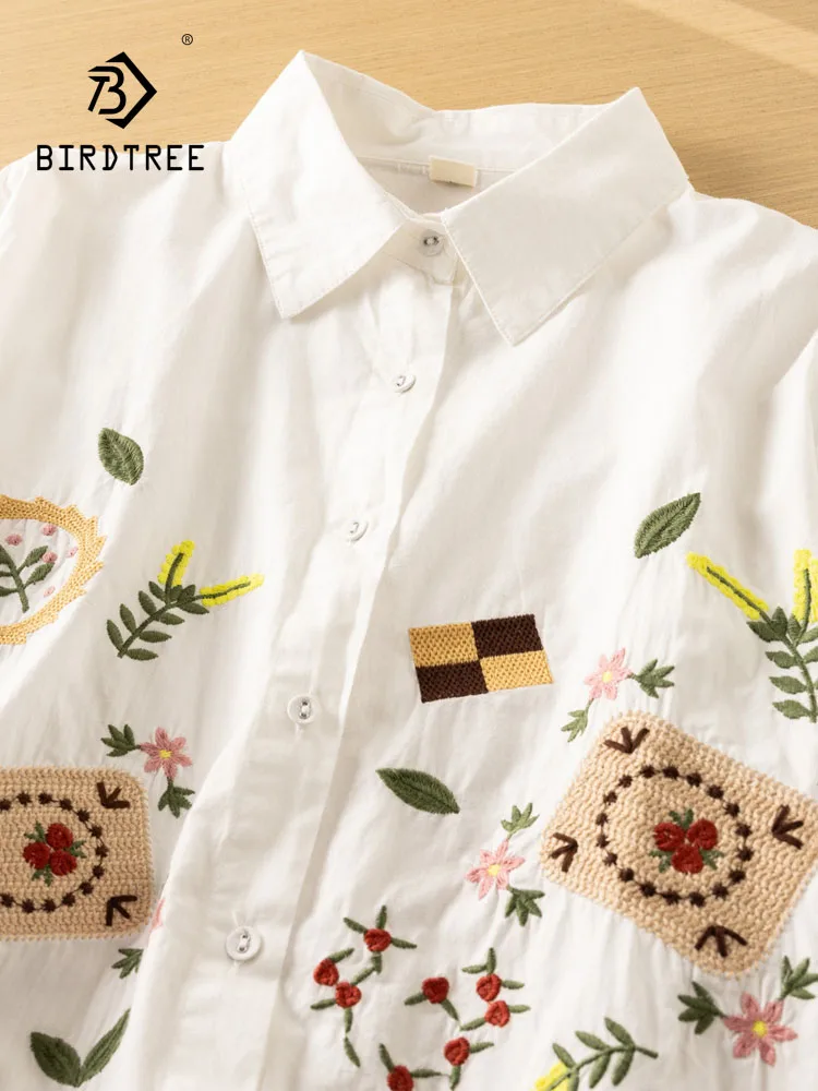 

New 2026 Autumn Women Cotton Long Sleeve Shirt, Turn-down Collar Embroidery, Mori Girl Retro Versatile Loose Blouse T67620CC