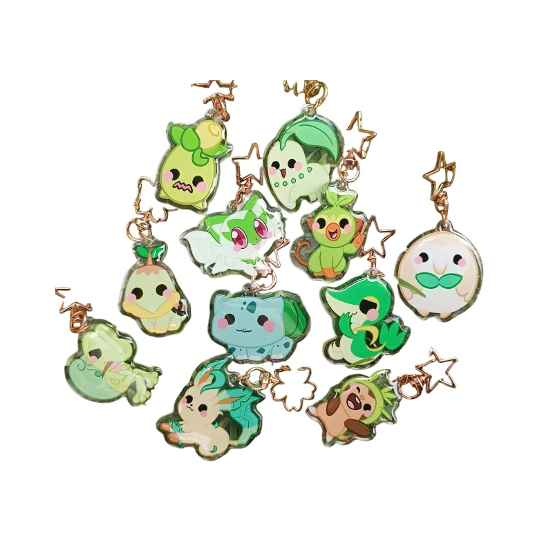 Chaveiros de Acrílico de Pokémon Tipo Grama: Bulbasaur, Skiploom, Snivy, Chespin, Rowlett, Grookey, Sprigatito, Leafeon – Fofos para Fãs