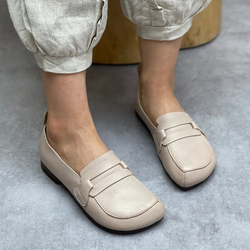 

Genuine Leather Women Loafers Handmade Retro Flat Shoes Round Toe Slip-on Casual Ladies Moccasins Cowhide Spring Summer Footwear