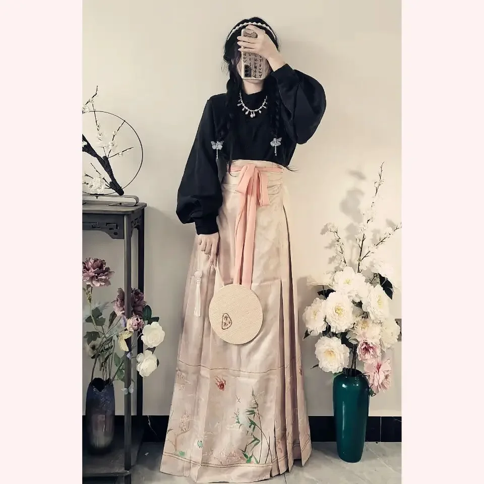 

Retro Style Hanfu Horse Face Skirt Traditional Clothing Han Elements Daily Shirt Half Skirt Set Women's Horse Face Pleated Skirt