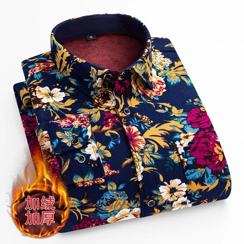 Winter New Fashion Trend Printed and Plush Thick Warm Shirt For Men's Casual Loose Sports Plus Large Size Long Sleeved Shirt