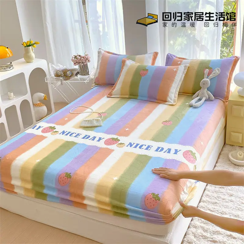 1PCS Sheet Rainbow Stripe Fitted Sheet Non Slip Bedspread Coral Fleece With Elastic Band Mattress Cover (no Pillowcase)