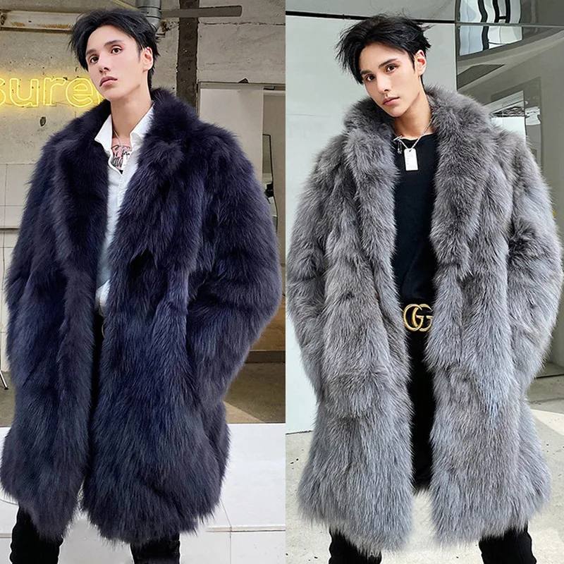 S-6XL Size Fashion Men Jacket Blue Gray Windproof Imitation Mink Fur Outerwear Male Winter Coat Super Warm Casual Long Parkas