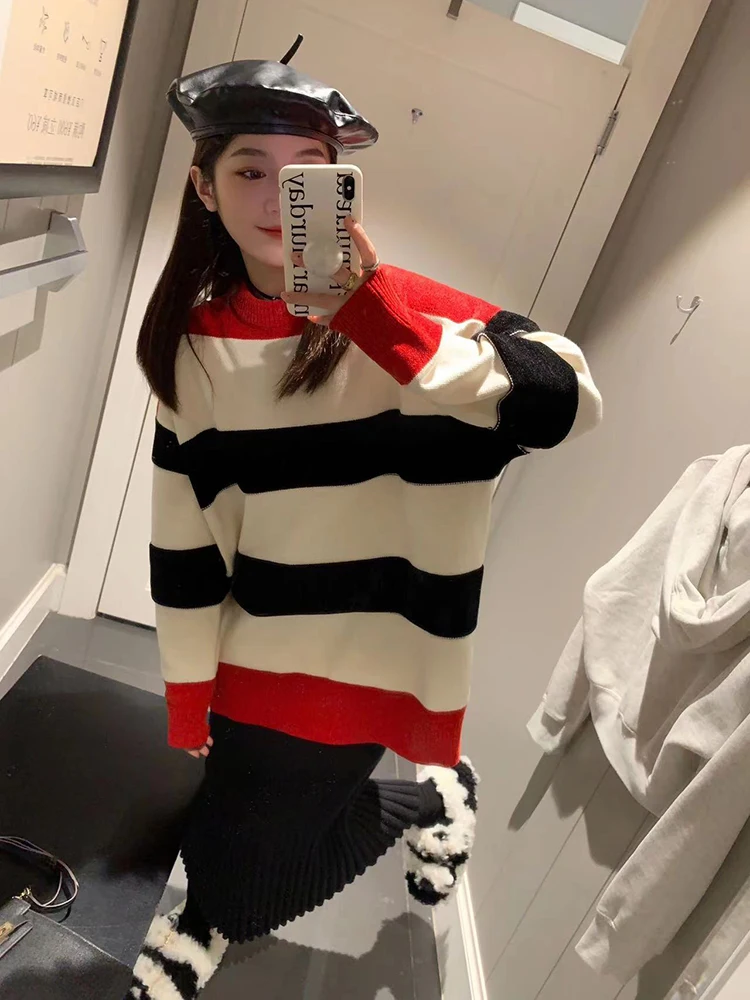 

Loose Women's Knitted Sweater FF BLUE Cherry Blossom Striped Festival Aosphere Metropo Color Colion round Ne Long S...