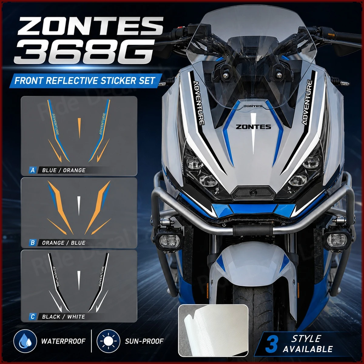 

For ZONTES 368G 368 g 368g Motorcycle Front Fairing Reflective Stickers - Adventure Style Waterproof Decals 3 Style Options