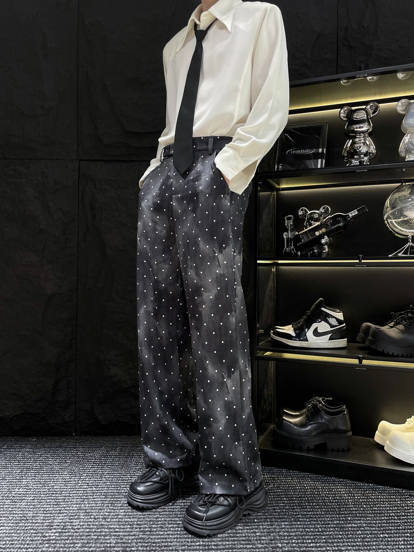 

Ретро дизайн в горошек, свободные повседневные длинные брюки, мужские западные брюки, драпировка, тай-дай, модные прямые брюки, молодежные осенние брюки для отдыха