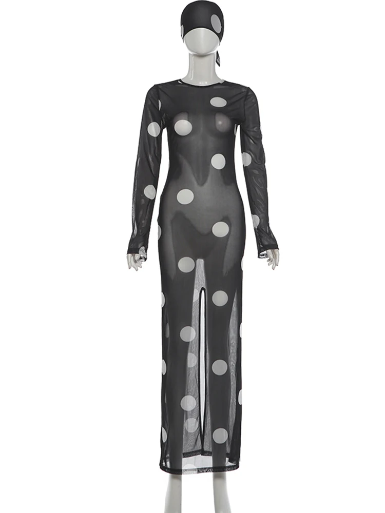 Sisterlinda Frau Sexy durchsichtiges Kleid + Kopftuch mit Polka-Dot-Print, O-Ausschnitt, volle Ärmel, Robe, Mitternachtsclub-Party, modische Kleider – Detail 3