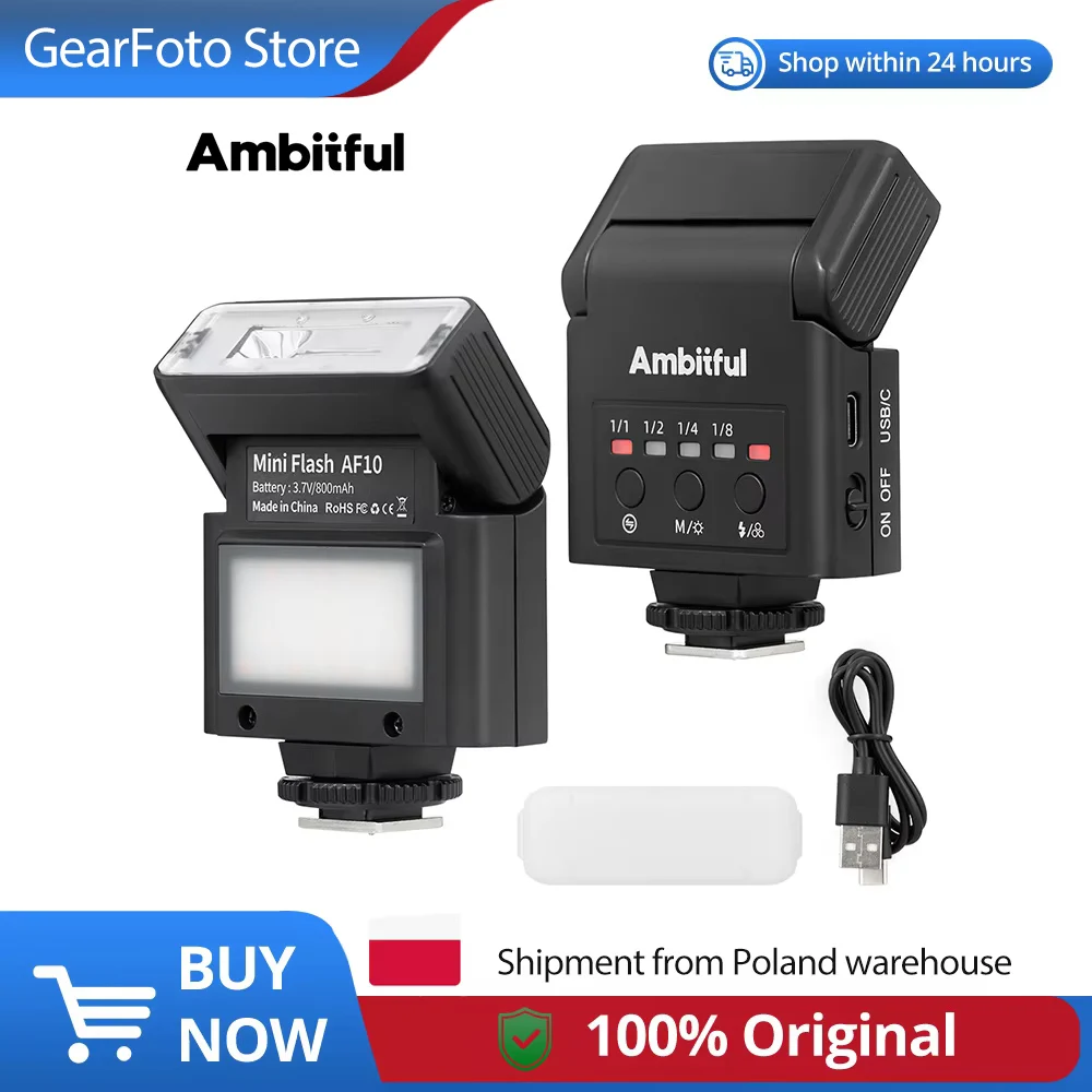 Ambitful Af10 Af100 Mini Cameraflitser Gn12 5600K Speedlite Standaard Flitsschoenbevestiging voor Sony Canon Nikon Pocket Camera Speedlite