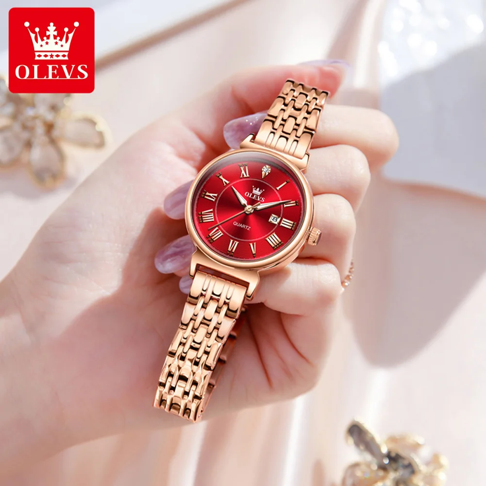 OLEVS-Montre à Quartz de Luxe pour Femme, en Acier Inoxydable, de Couleur Or Rose, Étanche, avec Date, Rouge, à la Mode, 2024