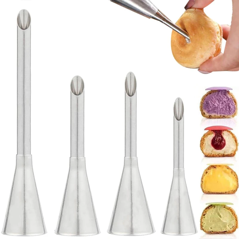 4/قطعة فوهات معجنات منفوخة طويلة من الفولاذ المقاوم للصدأ أطراف أنابيب للتزيين كب كيك طقم أطراف لتزيين الكعك أدوات لملء الكعك والكريمة