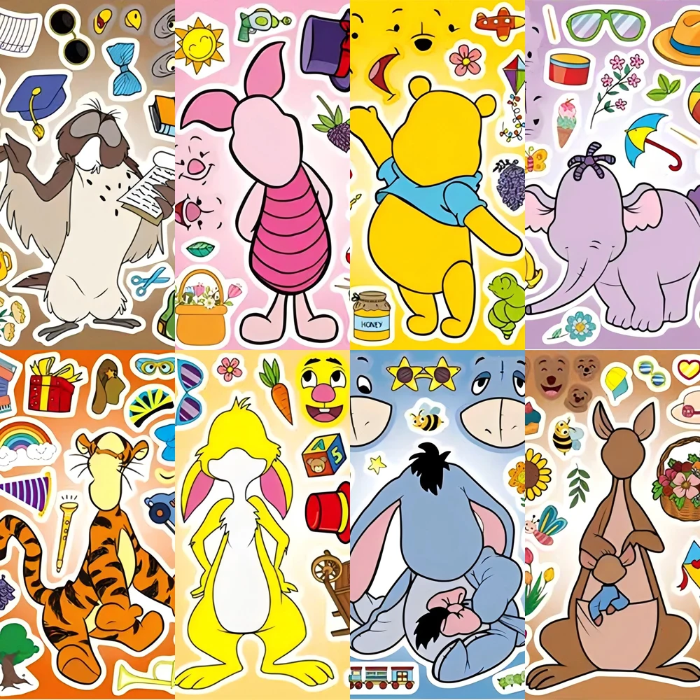 

8/16sheets Disney Winnie the Pooh Puzzle Stickers Pink Pig Tiger Make a Face Sticker Game Funny DIY Assemble Jigsaw Toy for Gift