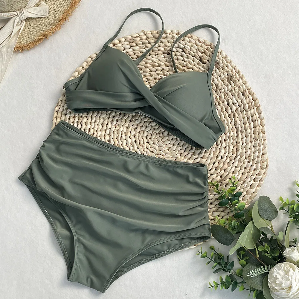 Halter Bikini Set Short Swimsuit Women High Waist Swimwear Female Printed Bathers Swimming Bathing Suit Women Swim Beachwear