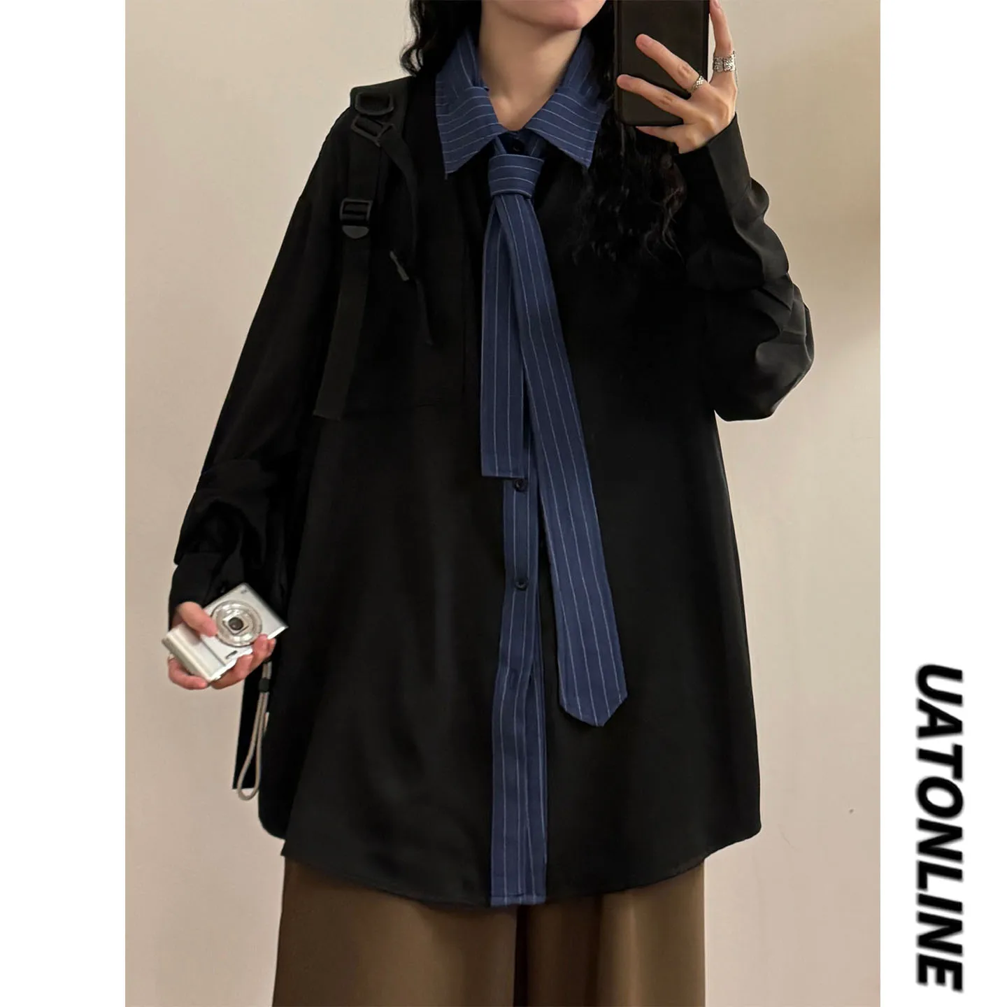 

UATONLINE2026 Весенняя женская длинная рубашка в американском ретро-стиле, универсальная, модная, с дизайнерским узором, на завязках, повседневная, свободного кроя