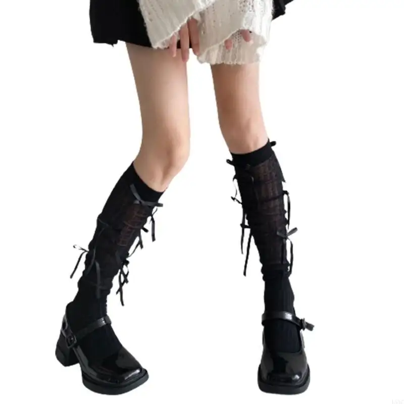 

L5YC 1 Pair Fashionable Knee High Socks Ribbon Bow Patchwork Socks for Women Girls