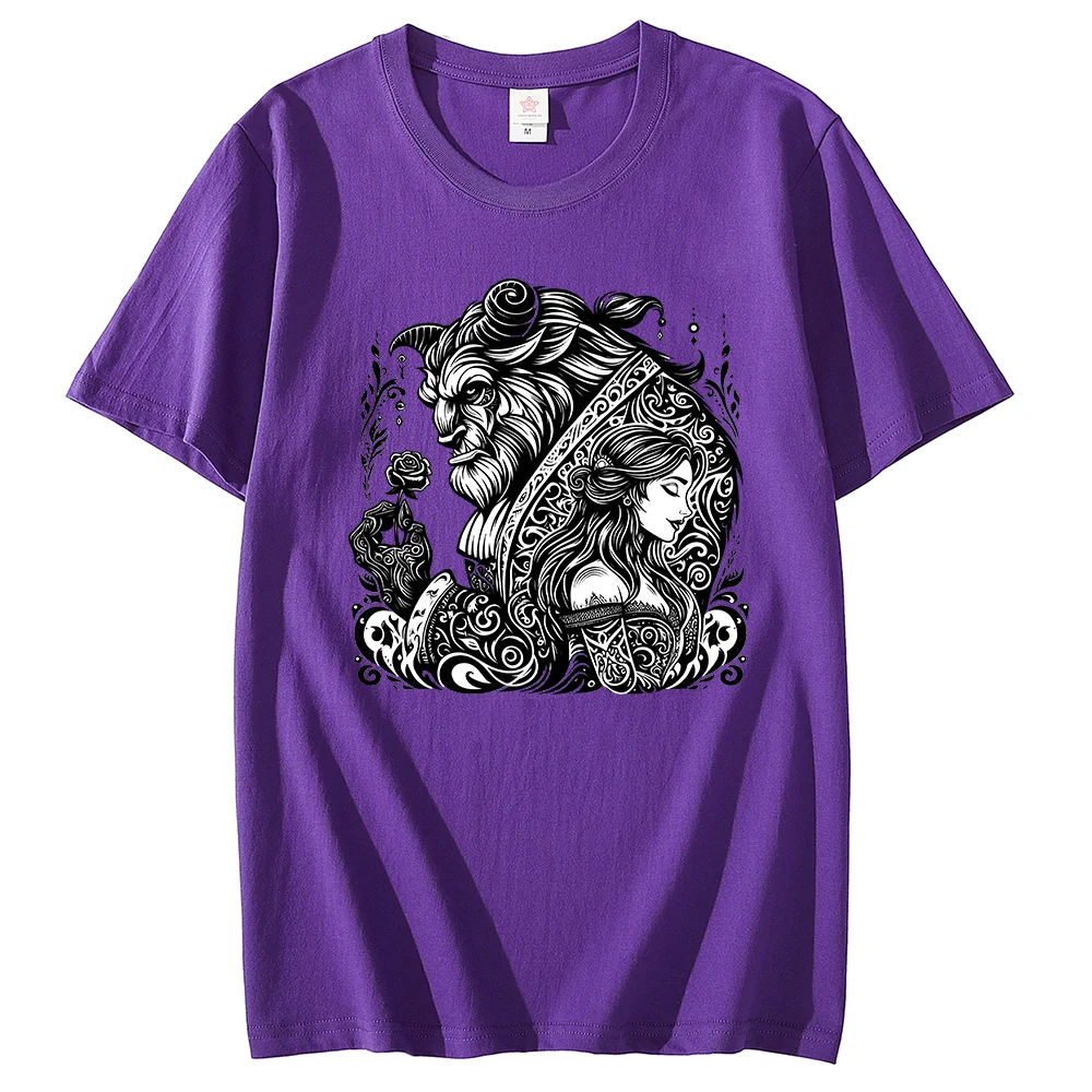 Disney Beauty and The Beast print T-shirt Leisure Sports Street Harajuku Couple Student T-shirt