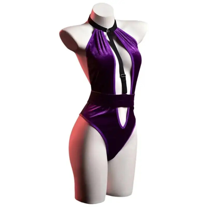 Sexy lingerie in purple with halter neck, alluring and hot hollow-out design, couple's flirtatious sleepwear YWYA