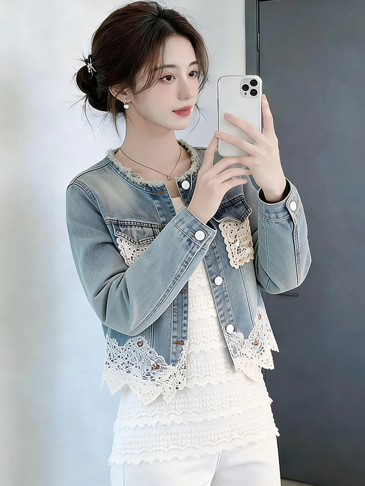 

Женская джинсовая куртка с кружевной отделкой, весна 2026, новая модель, дизайн в стиле колор-блок, универсальный топ, дышащий, с круглым вырезом, на пуговицах