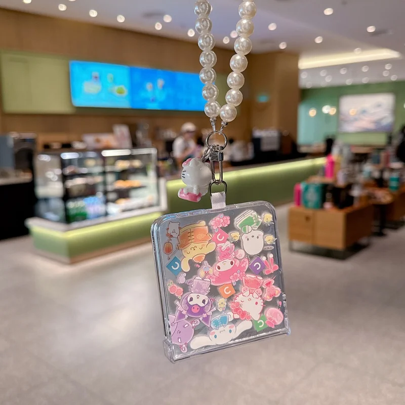 Cute Cartoon Japanese Kimono Sanrio Hello Kitty Phone Case for Samsung Galaxy Z Flip 5 6 7 FE 8 with Lanyard