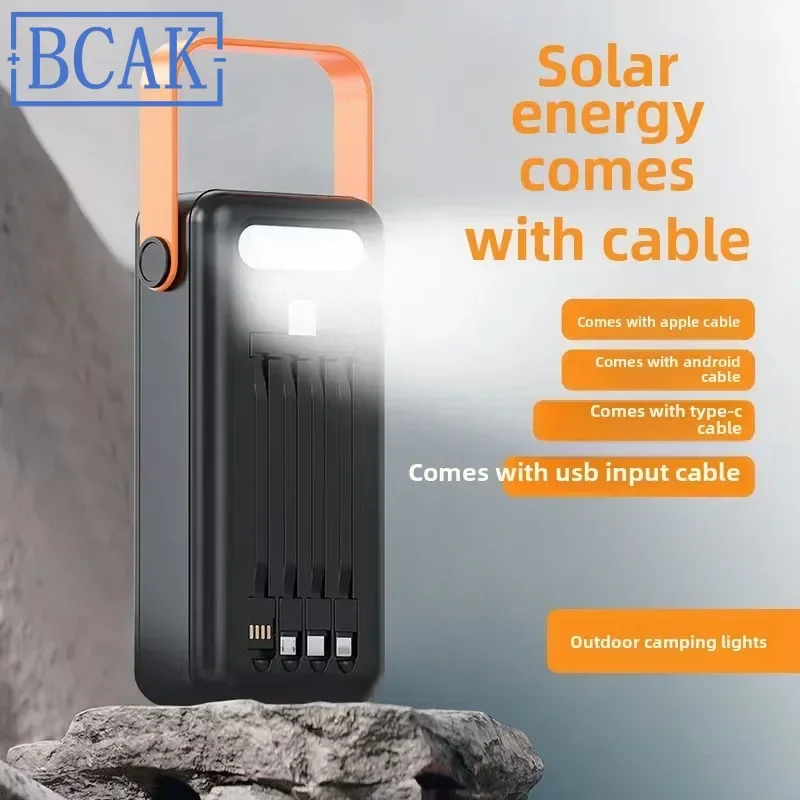 New Style BCAK Solar Power Bank Wholesale Own Cable 50000 MAh 200000mah Large Capacity Outdoor Portable Mobile Phone Mobile Powe