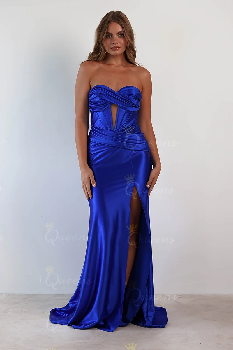 QueensLove Royal Blue Bridesmaid Dress Sweetheart Backless Evening Dress Long Satin Prom Dress Split Spaghetti Dress