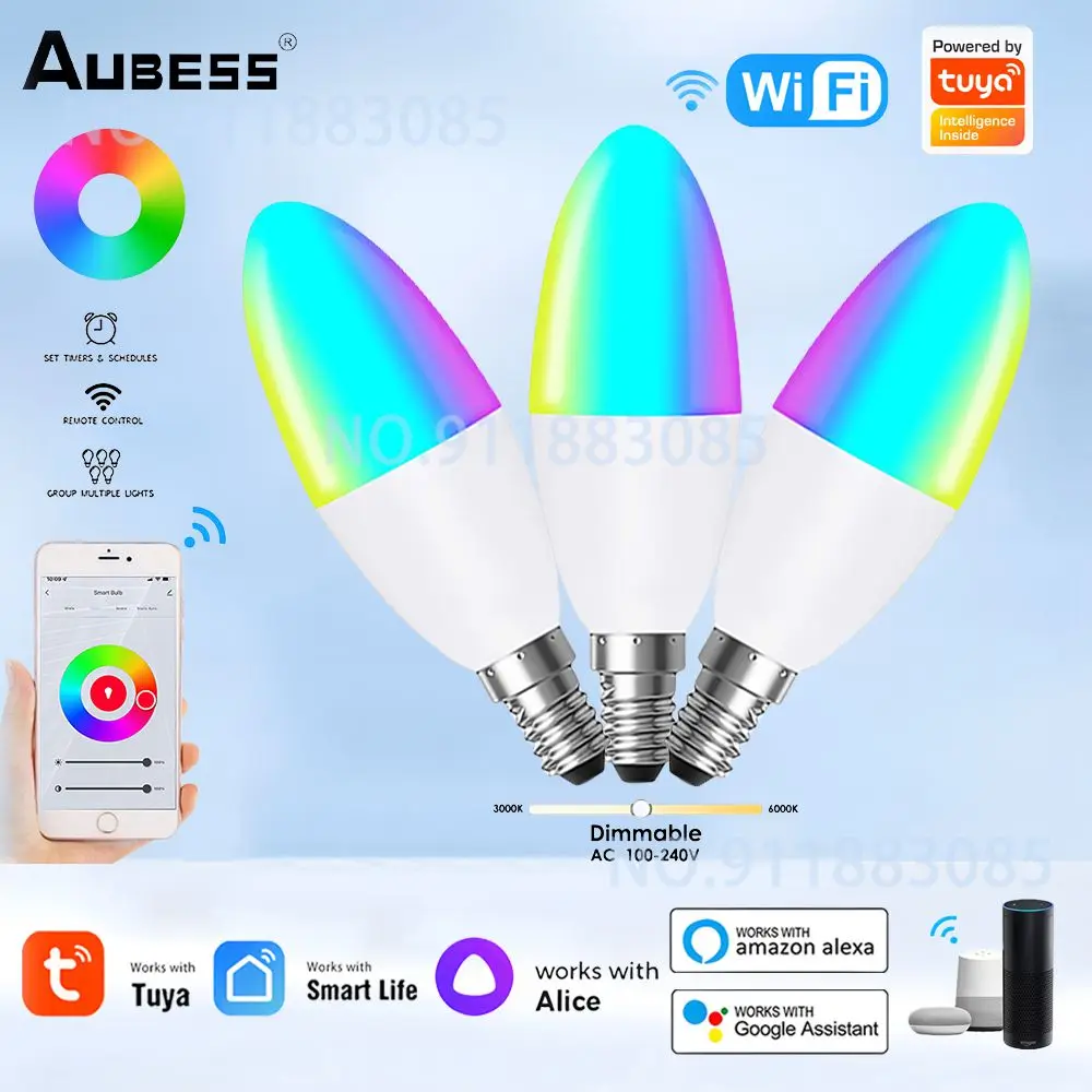 Tuya WiFi Smart Dimmable Magic Bulb E14 RGB LED Light Bulbs 100-240V Lamps Voice Control Support Alexa Google Home Yandex Alice