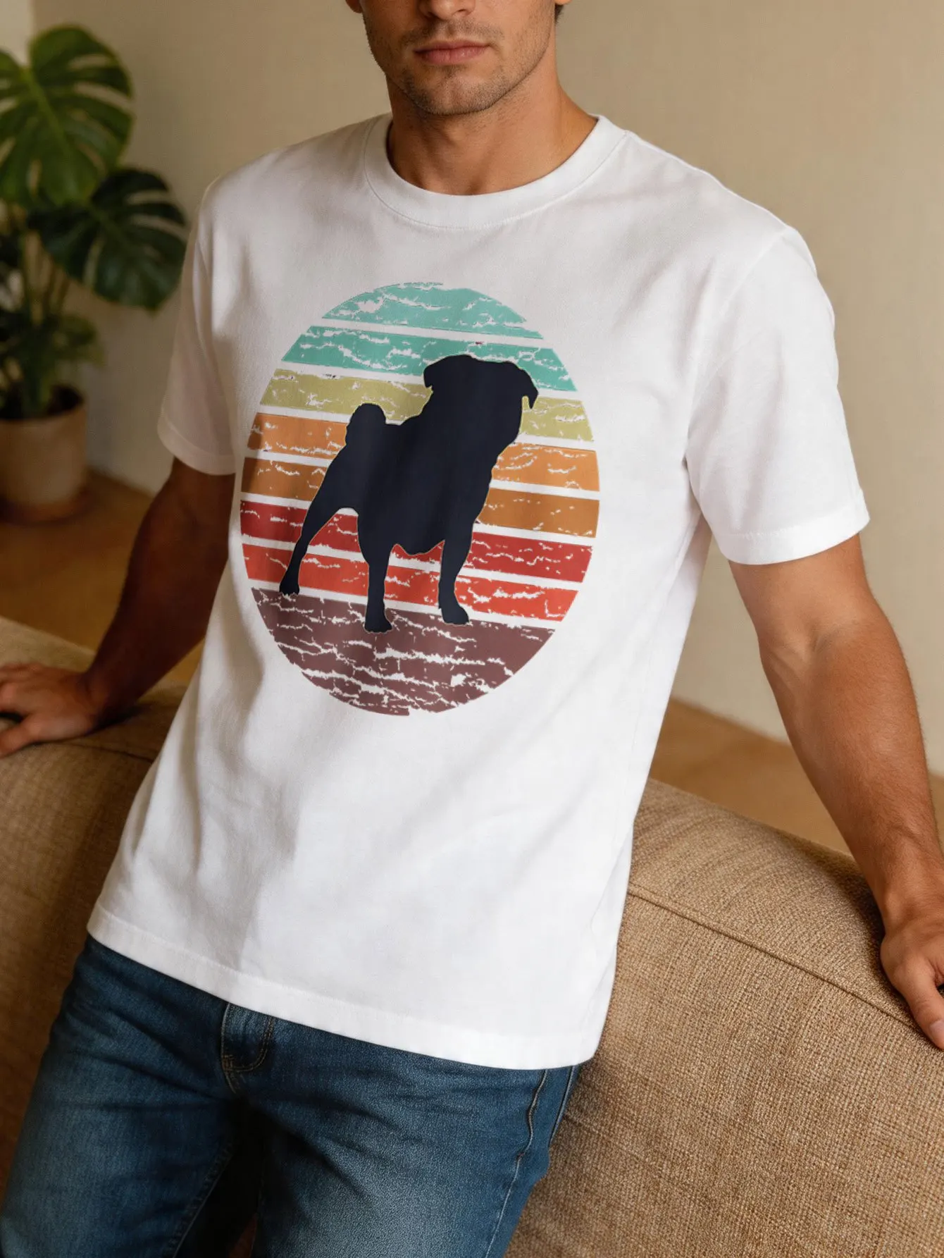 Retro Sunset Pug Silhouette Graphic Mens T Shirt Vintage Dog Art Short Sleeve Crew Neck Cotton Tee Street Casual Daily Top