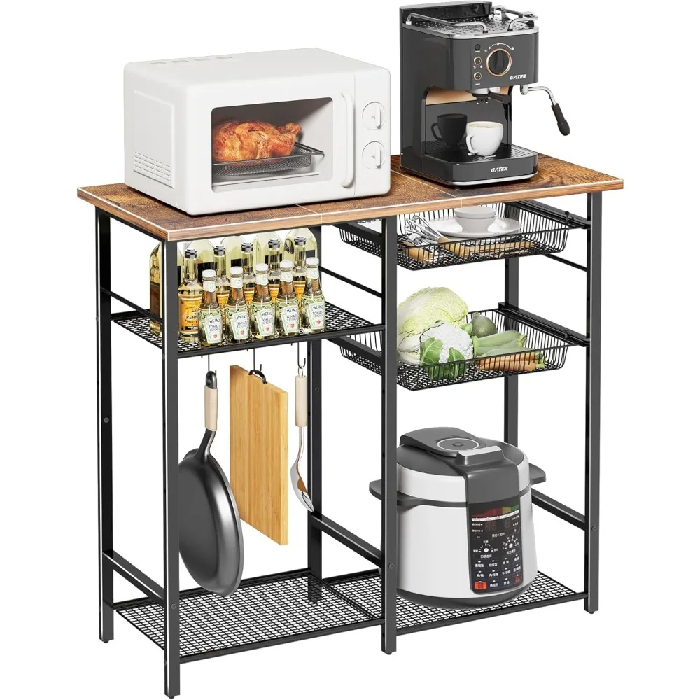 

4-Tier Kitchen Baker's Rack, Microwave Stand with Storage, Coffee Bar Station with 3 Hooks, Kitchen Storage Shelf Rack with Wire