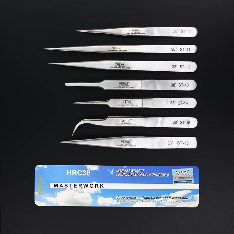 100% VETUS Original ST Series New HRC 38 Ultra Precision 302 Stainless Tweezers Mink Eyelash Extensions Anti Acid Super Fine Tip