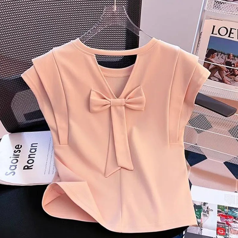 

Pure Cotton Back Hollow Bow Tie Slim Crop Short Sleeve T-Shirt Women Summer Unique Top Women T-Shirt