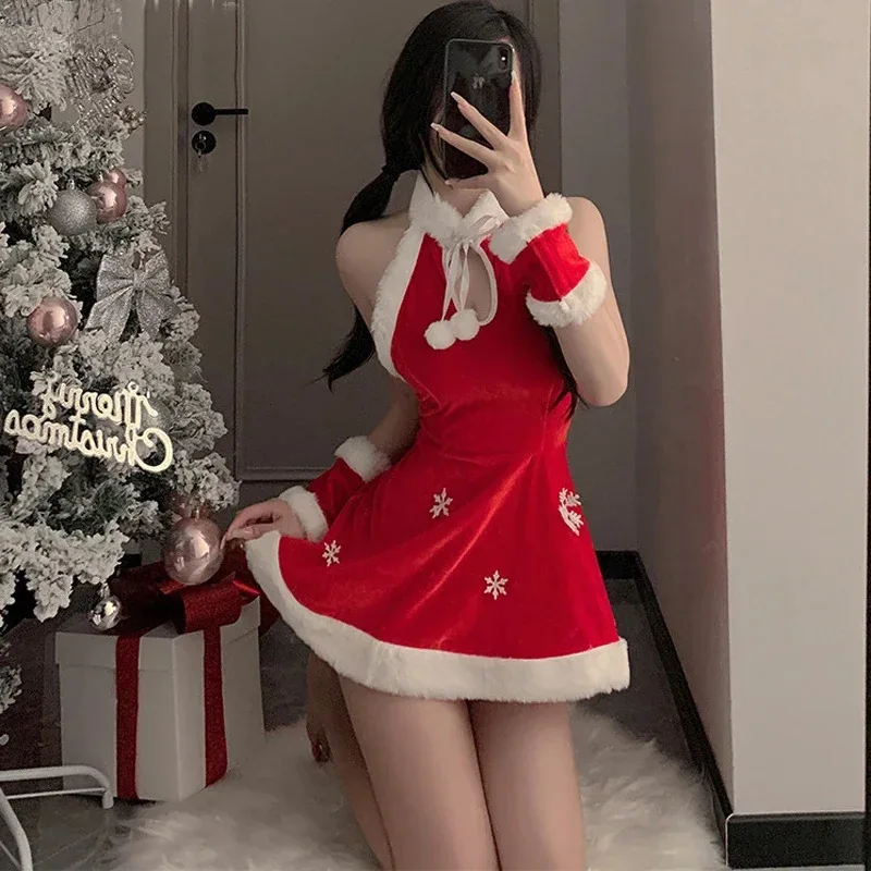 Christmas Plush Short Halter Backless Dress Santa Claus Uniform Women Snowflake Outfits New Year Red Costumes Cosplay Girl