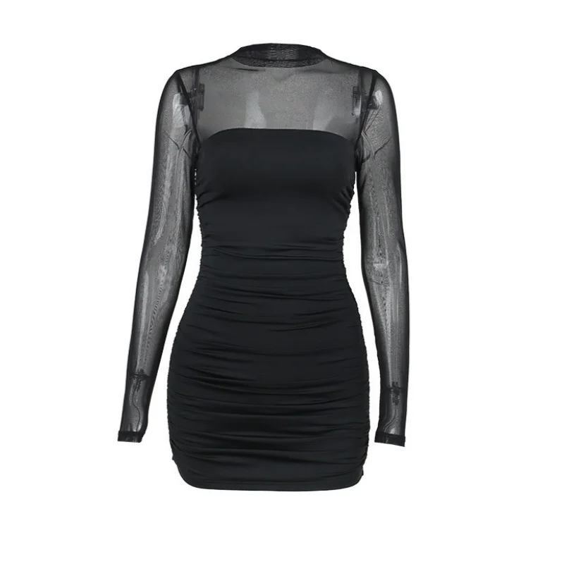 Sehen Durch Schwarz, Figurbetontes Kleid Für Frauen Kleidung Schlank Sexy Streetwear Langarm Vestidos De Mujer Patchwork Mode Outfits – Detail 1