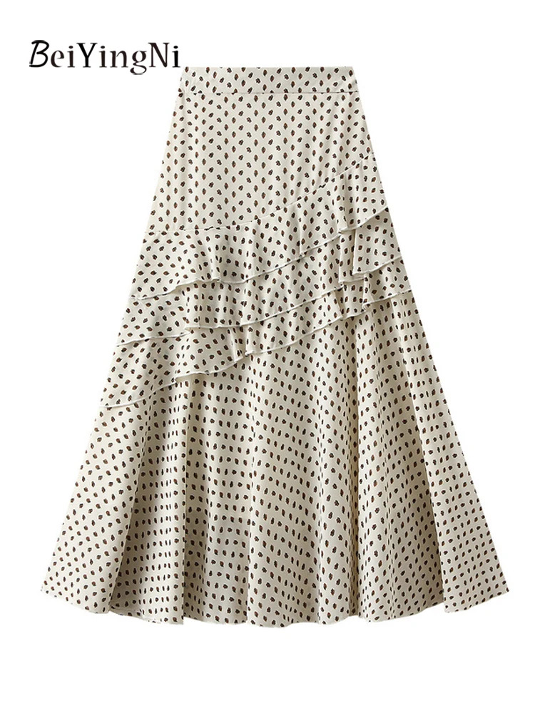 

Beiyingni 2025 Summer Elegant French Midi Skirts for Women Floral Printed Casual Slim Fashion High Waist Ruffles A-line Skirt