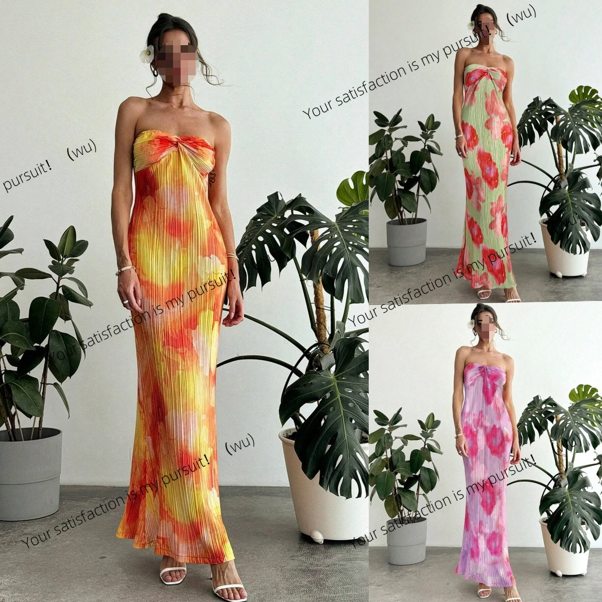 

European and American women's clothing new sexy printing pleated knotted vacation sleeveless tube top dress