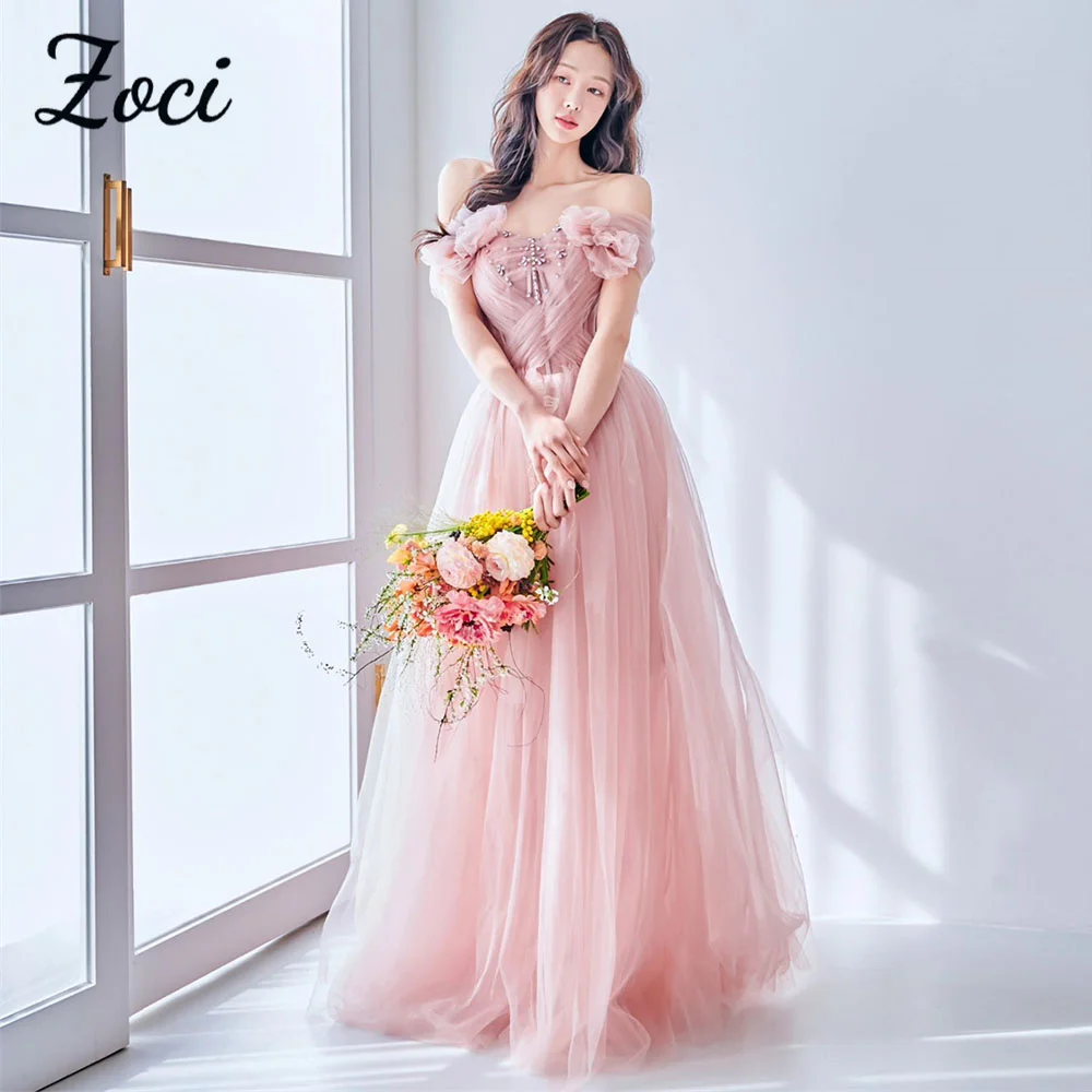 

Zoci Fairy Pink Wedding Dresses Off the Shoulder Pleat Flower Beading Tulle Bridal Gown Customized A-line Photo Shoot Dresses